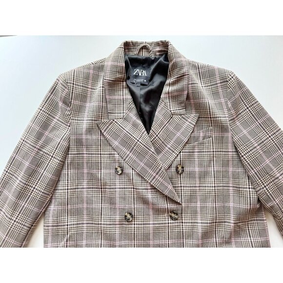 ZARA Brown Pink Check Double Breasted Oversized Blazer Suit Jacket, Size M - Picture 6 of 16